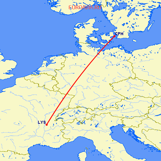 перелет Лион — Копенгаген на карте
