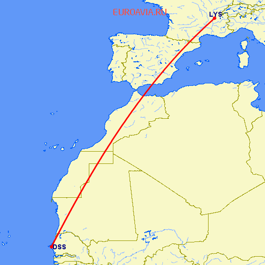 перелет Лион — Дакар на карте