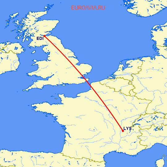 перелет Лион — Эдинбург на карте