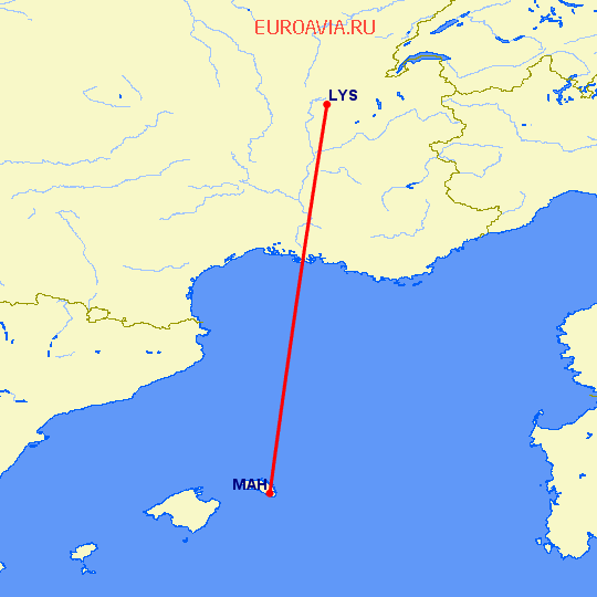 перелет Лион — Менорка на карте