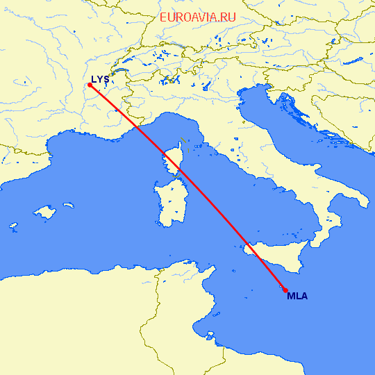 перелет Лион — Мальта на карте