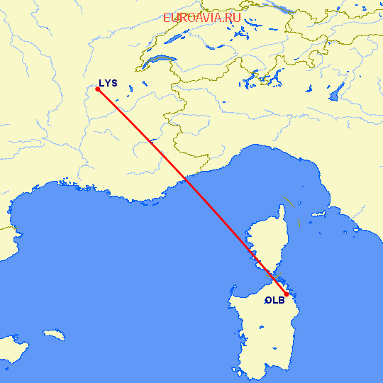 перелет Лион — Ольбия на карте