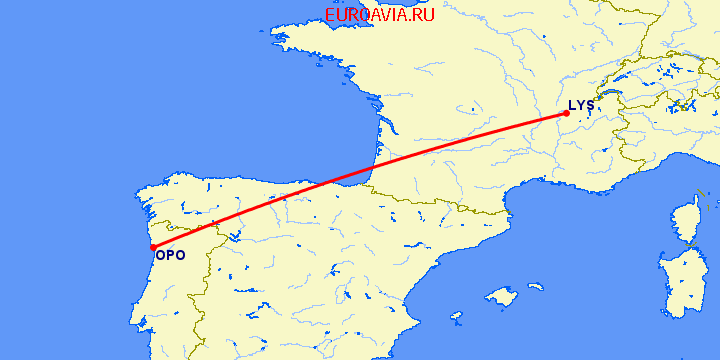 перелет Лион — Порту на карте