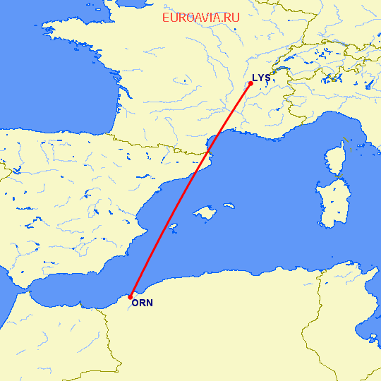 перелет Лион — Оран на карте