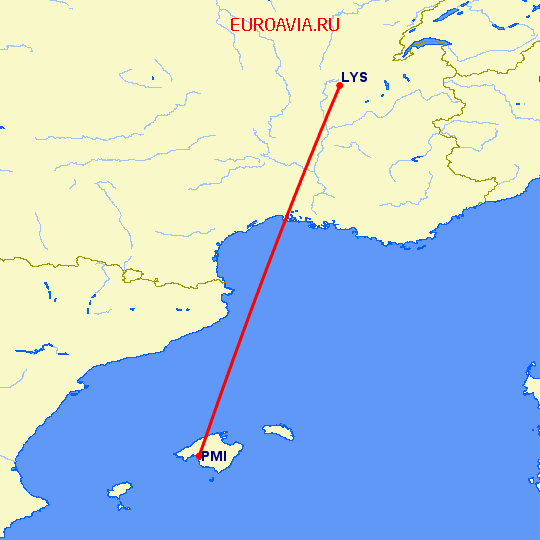 перелет Лион — Пальма де Майорка на карте