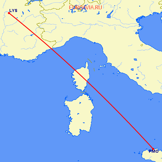 перелет Лион — Палермо на карте