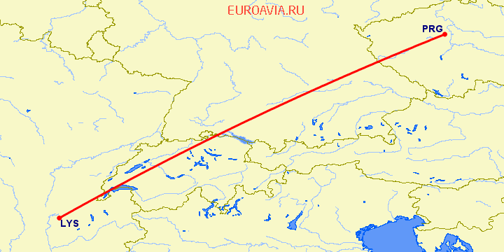 перелет Лион — Прага на карте