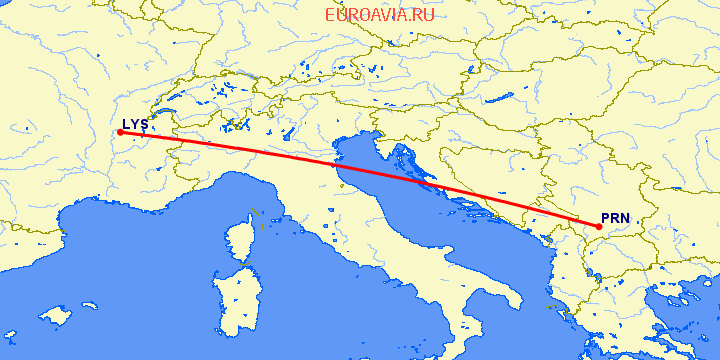 перелет Лион — Приштина на карте