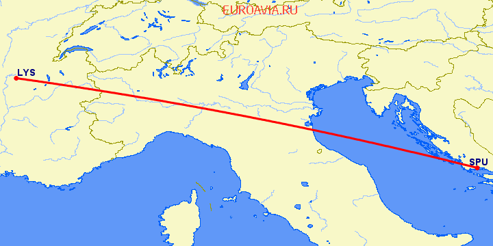 перелет Лион — Сплит на карте
