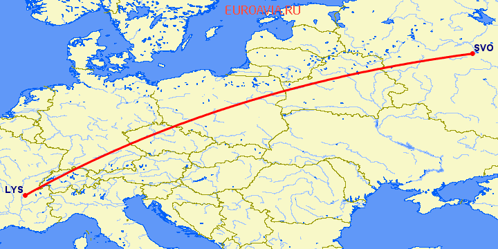 перелет Лион — Москва на карте