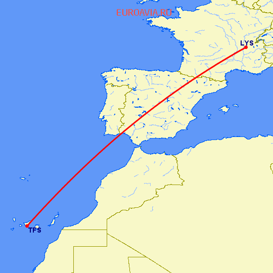 перелет Лион — Тенерифе на карте