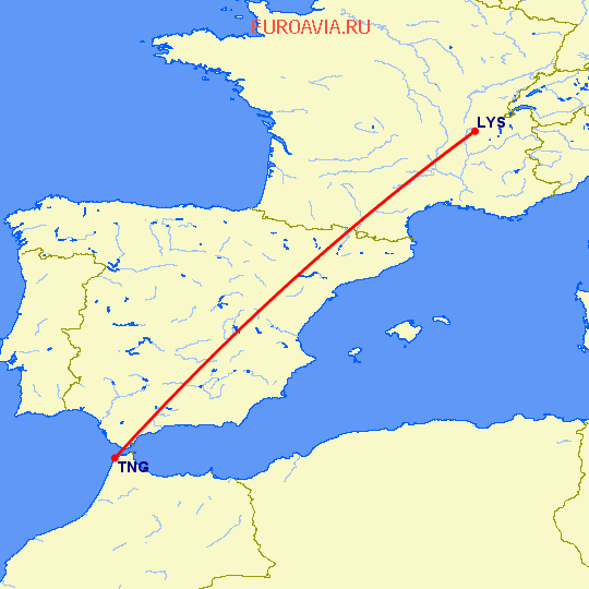 перелет Лион — Танжер на карте