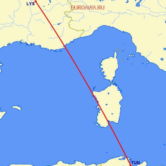 перелет Лион — Тунис на карте