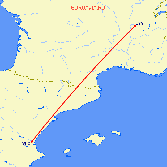 перелет Лион — Валенсия на карте
