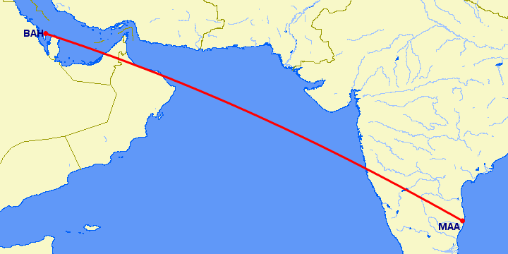 перелет Мадрас Ченнай — Манама на карте