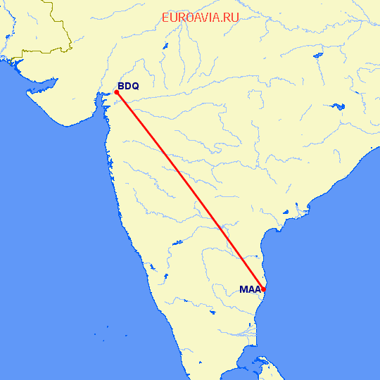 перелет Мадрас Ченнай — Vadodara на карте