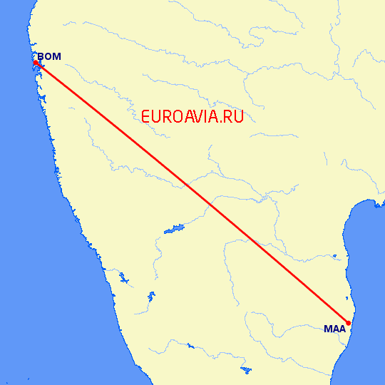 перелет Мадрас Ченнай — Бомбей на карте