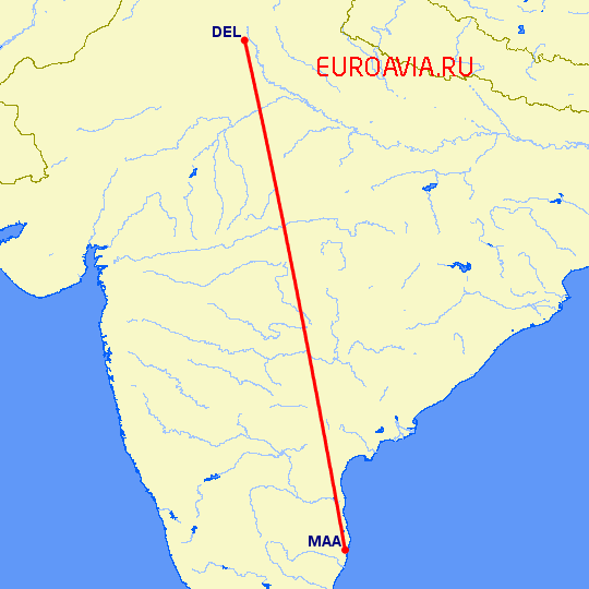 перелет Мадрас Ченнай — Нью Дели на карте