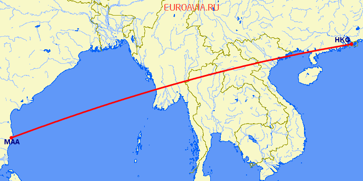 перелет Мадрас Ченнай — Гонконг на карте