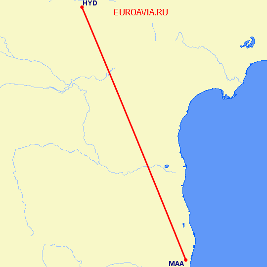 перелет Мадрас Ченнай — Хидерабад на карте
