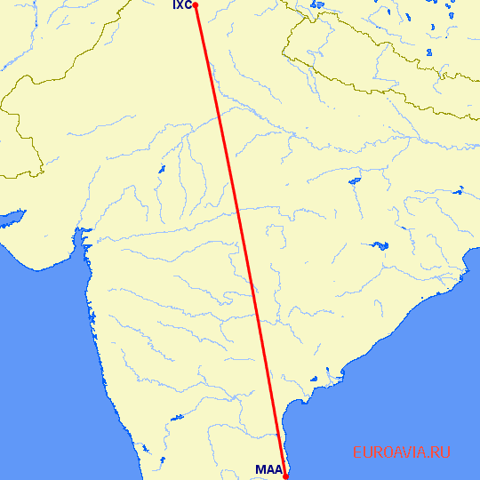 перелет Мадрас Ченнай — Чандигарх на карте
