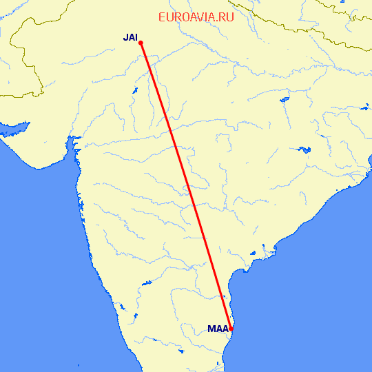 перелет Мадрас Ченнай — Джайпур на карте