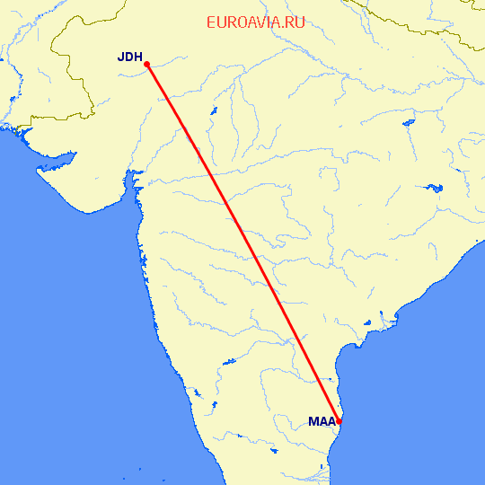 перелет Мадрас Ченнай — Джодхпур на карте