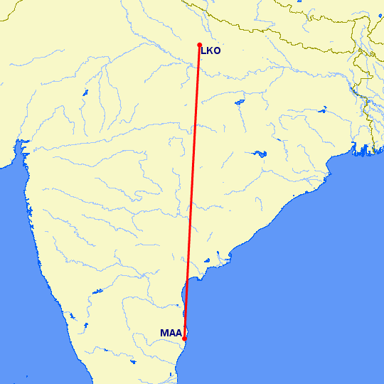 перелет Мадрас Ченнай — Лакнау на карте