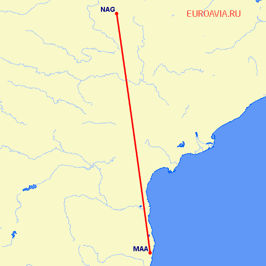 перелет Мадрас Ченнай — Нагпур на карте