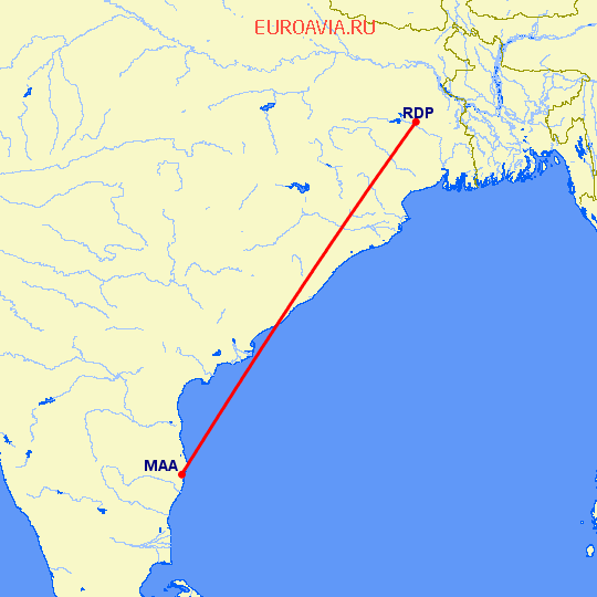 перелет Мадрас Ченнай — Дургапур на карте