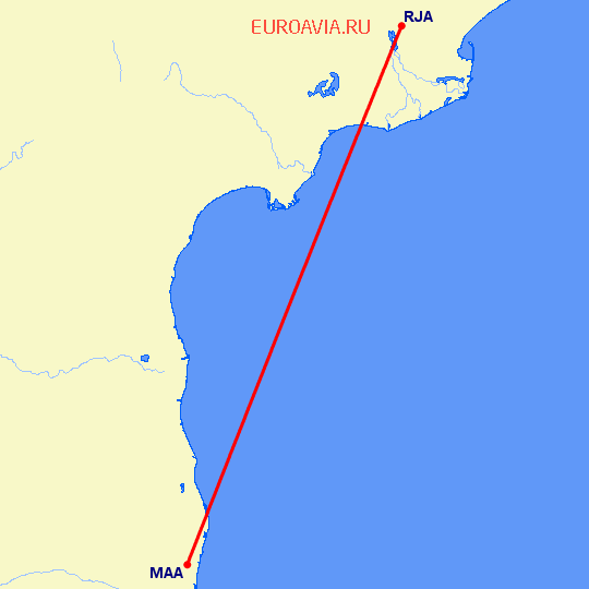перелет Мадрас Ченнай — Раджахмандри на карте