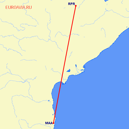 перелет Мадрас Ченнай — Райпур на карте