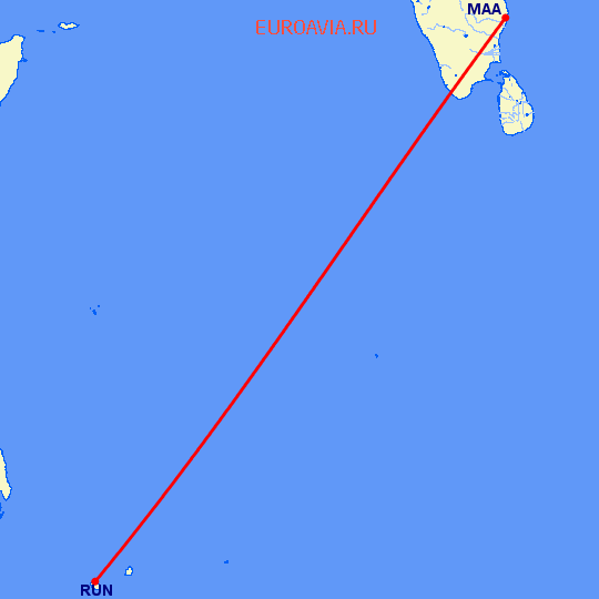перелет Мадрас Ченнай — St Denis de la Reunion на карте