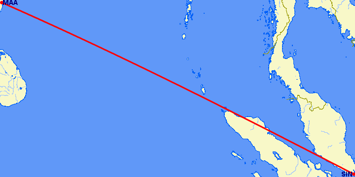 перелет Мадрас Ченнай — Сингапур на карте