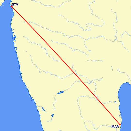 перелет Мадрас Ченнай — Сурат на карте