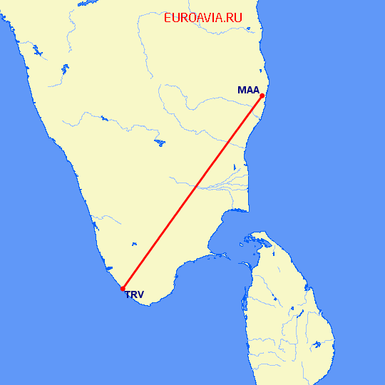 перелет Мадрас Ченнай — Тривандрум на карте