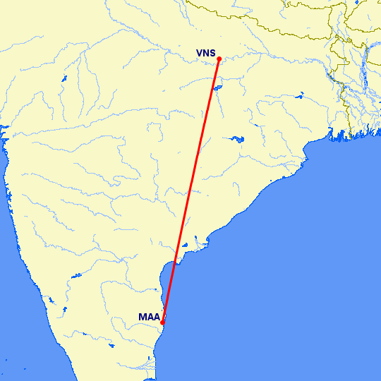 перелет Мадрас Ченнай — Варанаси на карте