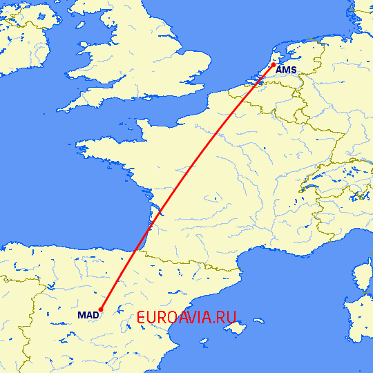 перелет Мадрид — Амстердам на карте