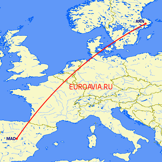 перелет Мадрид — Стокгольм на карте