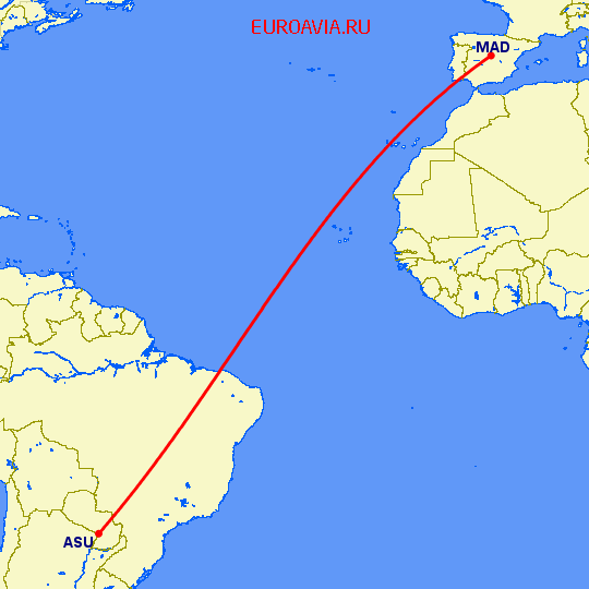 перелет Мадрид — Асунсьон на карте