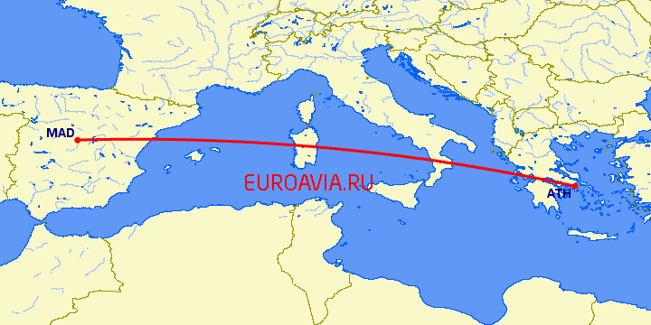перелет Мадрид — Афины на карте
