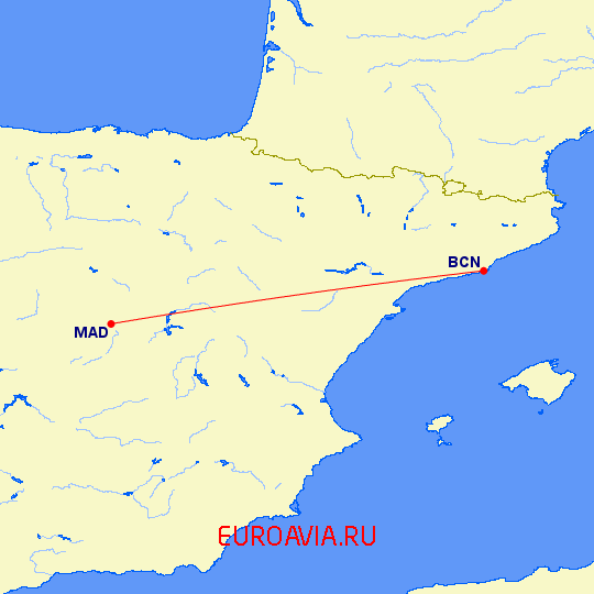 перелет Мадрид — Барселона на карте