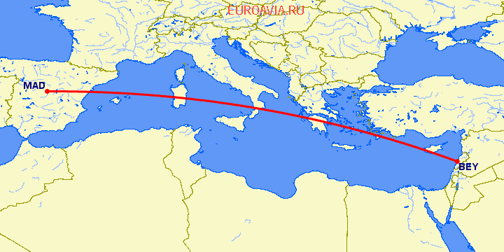 перелет Мадрид — Бейрут на карте