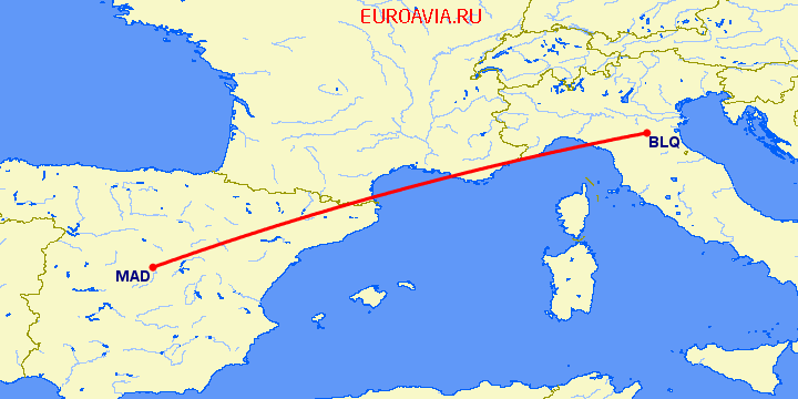 перелет Мадрид — Болонья на карте