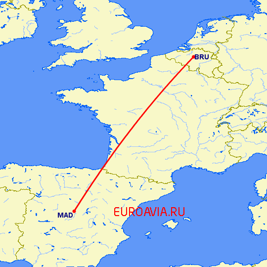 перелет Мадрид — Брюссель на карте