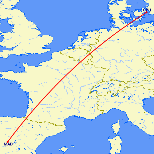 перелет Мадрид — Копенгаген на карте