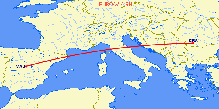 перелет Мадрид — Крайова на карте