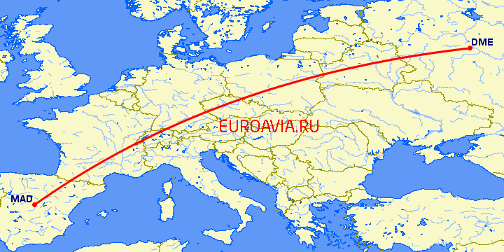 перелет Мадрид — Москва на карте
