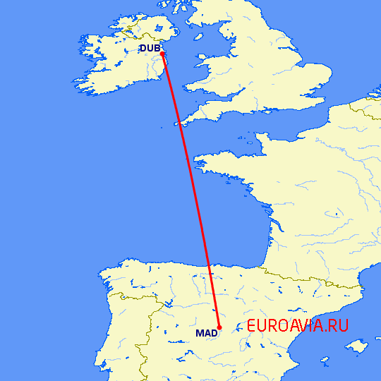 перелет Мадрид — Дублин на карте