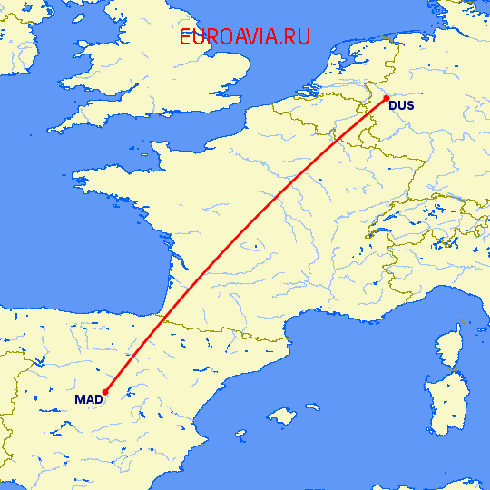 перелет Мадрид — Дюссельдорф на карте